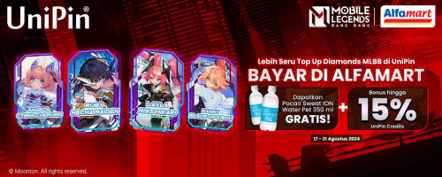 Top Up MLBB dan Bayar di Alfamart, Gratis Pocari Sweat ION Water dan Bonus 15% UniPin Credits